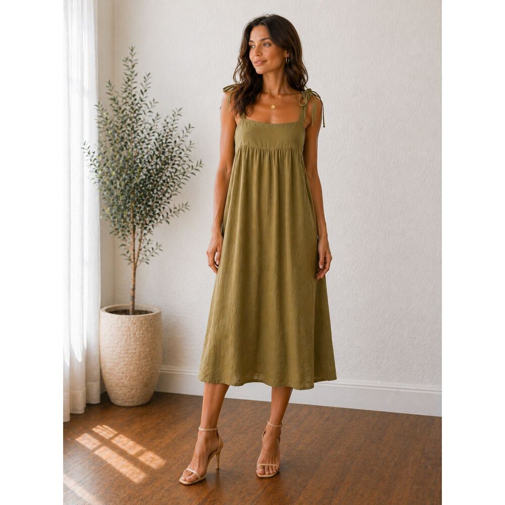 Chelsea & Violet Linen Cotton Midi Dress Cottagecore Boho Earthy Sundress Size L
